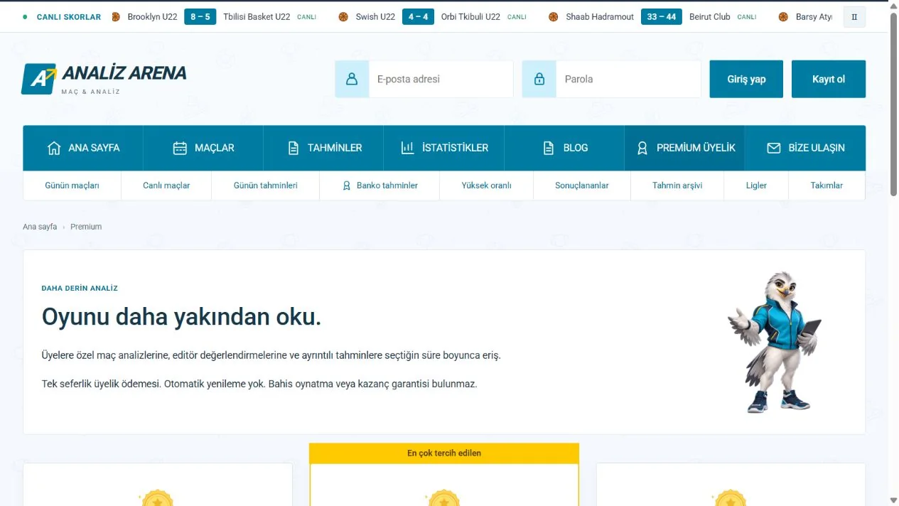 Analiz Arena Premium üyelik ekranı